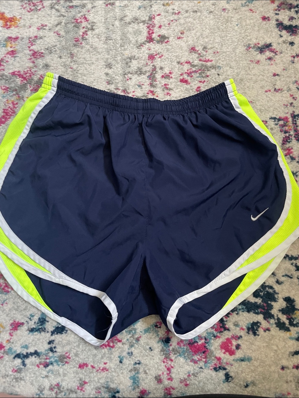 Nike Womens M Running Shorts Dri-FIT Navy Blue and Neon Yellow Built-In Brief